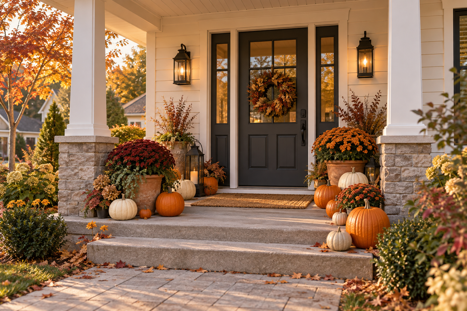 Illustrative autumn porch with orange and ivory pumpkins, flowers and a warmly lit entrance